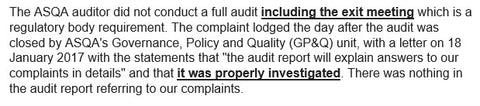 A screenshot of an incomplete audit report and closed complaint, highlighting issues with ASQA governance and regulatory.