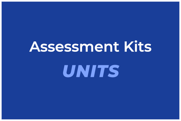 A graphic displays 'Assessment Kits' above 'UNITS', highlighting key educational materials for vet training.