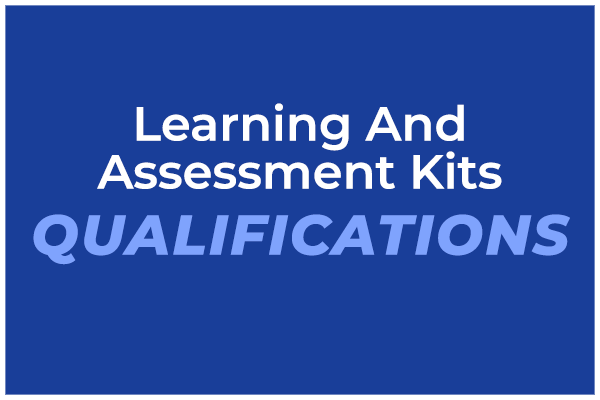 A blue sign showcases learning and assessment kits for VET qualifications.