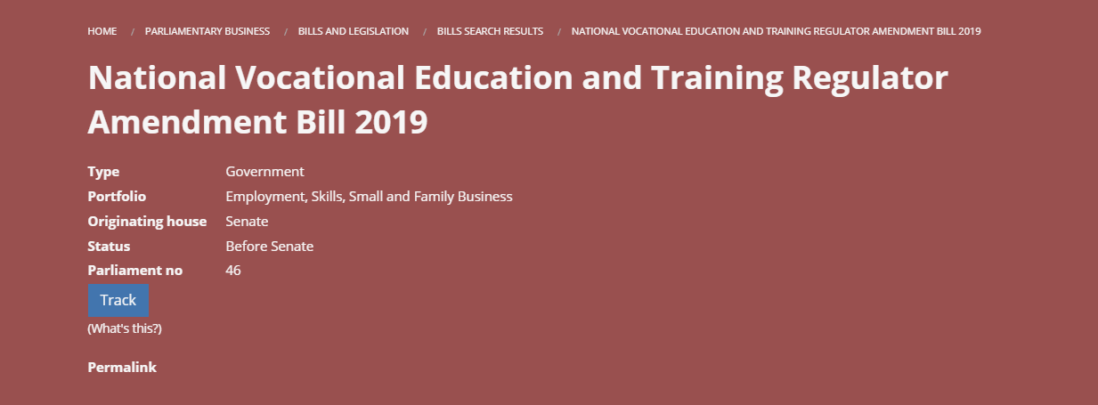 Details of the National Vocational Education and Training Regulator Amendment Bill 2019 are displayed, relevant to vet.