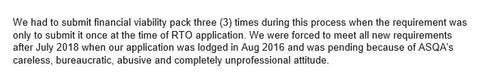 A document detailing repeated submissions of a financial viability pack and experiences with ASQA in Australia.