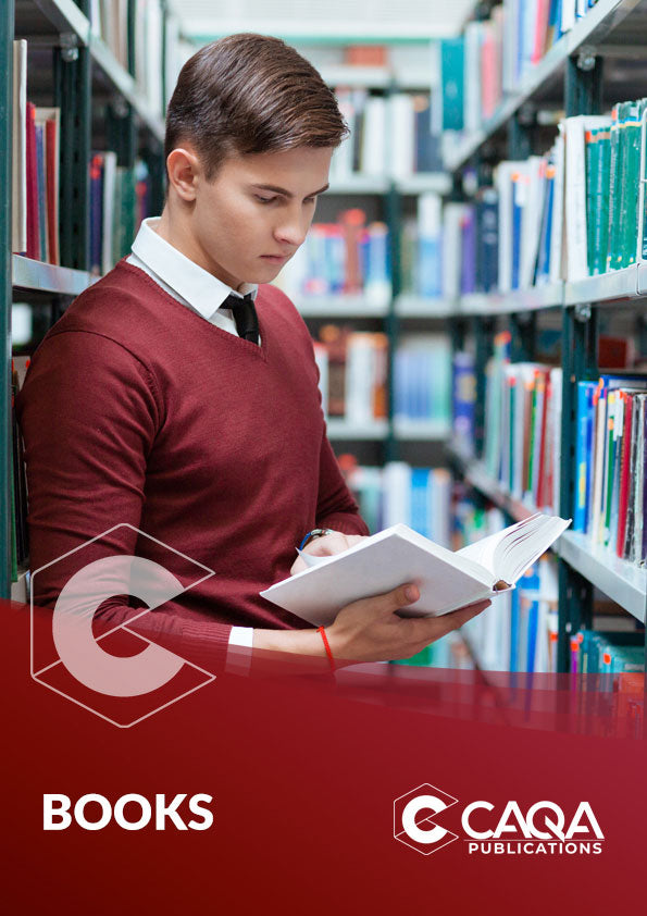 Student Reading | CAQA Publications A student reads a book surrounded by bookshelves, showcasing CAQA Publications' vet training resources.