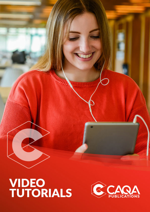 Woman Using Tablet | CAQA Publications A woman uses a tablet with headphones, demonstrating the accessible vet training resources available from CAQA Publications.