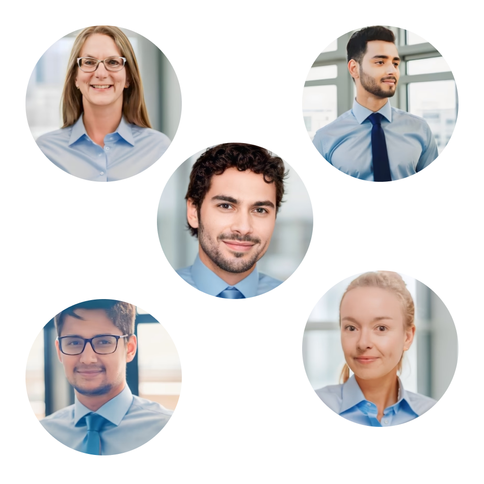 Five business professionals are displayed in circular portraits, representing expertise in vet training.