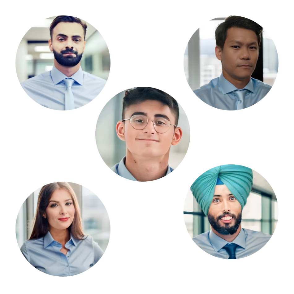 Five diverse professionals wearing business attire and smiling, representing quality vet training.