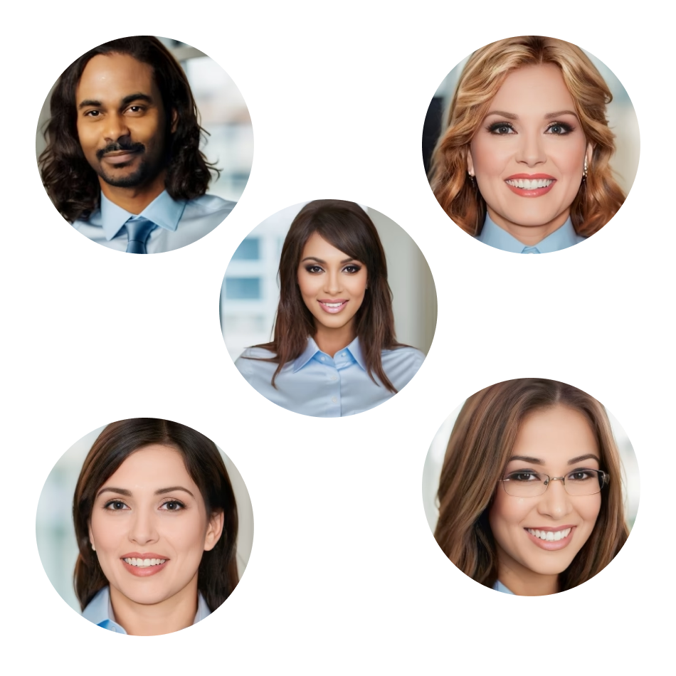 Five diverse professionals smiling, showcasing CAQA Publications' commitment to inclusivity in vet training.